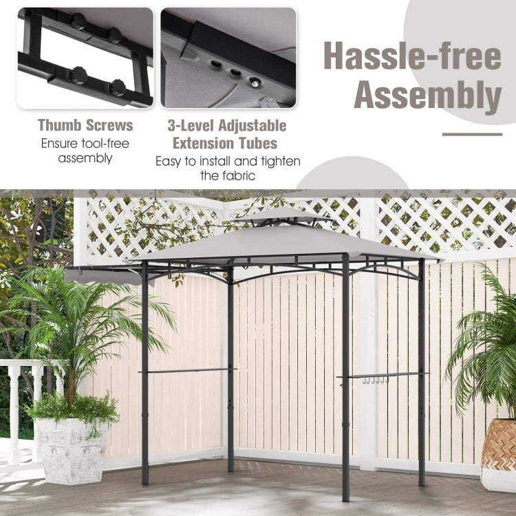 11 x 5 FT gray grill gazebo with side awning, double-tiered top, and tool-free assembly for outdoor grilling.