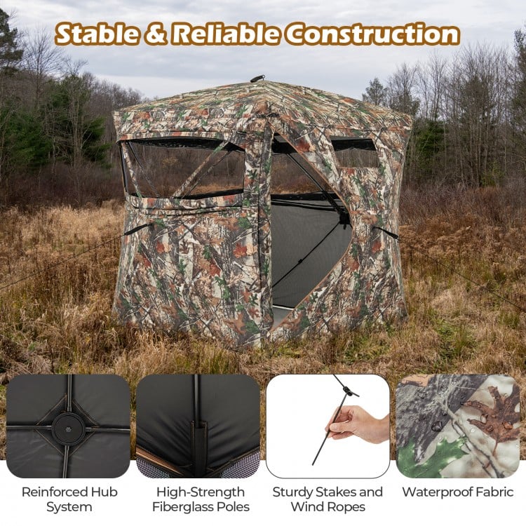360° one-way see-through hunting blind with camouflage pattern, sturdy fiberglass poles, and waterproof fabric for.
