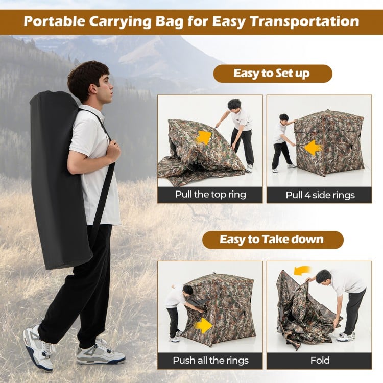 360° one-way see-through hunting blind with camouflage pattern, portable carrying bag for easy transport and setup.