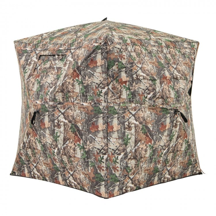 360° one-way see-through hunting blind with camouflage pattern, featuring multiple windows and portable carrying bag.