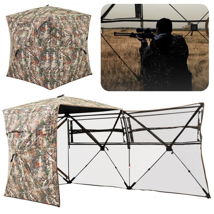 360° one-way see-through hunting blind with camouflage pattern, featuring large windows and portable carrying bag for.