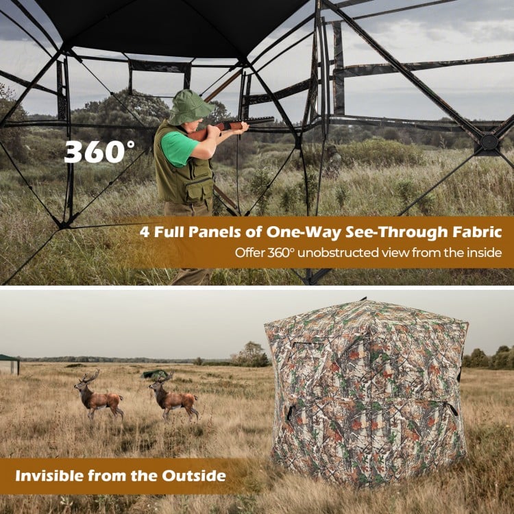 360° one-way see-through hunting blind with camouflage pattern, featuring 4 panels and easy access doors for stealthy.