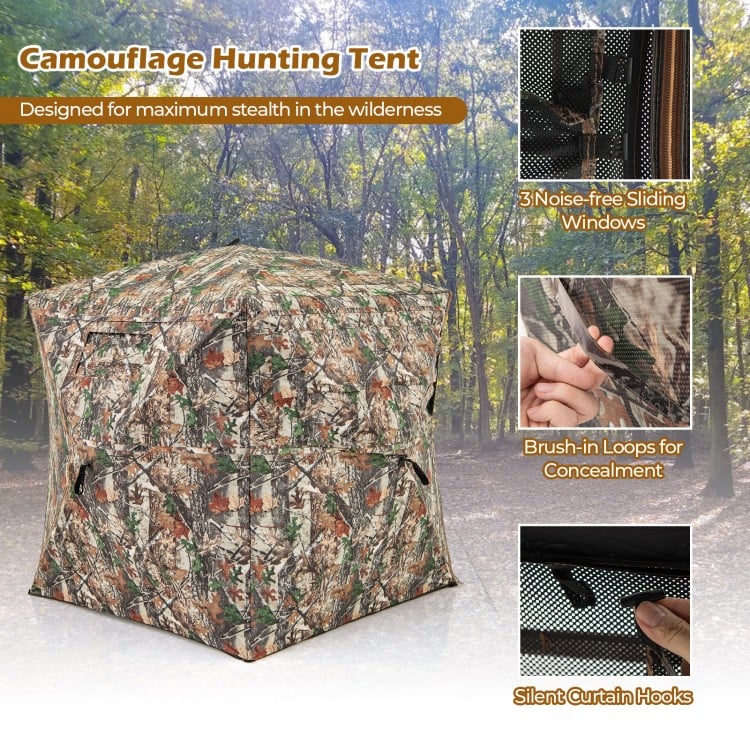 360° one-way see-through hunting blind with camouflage patterns, featuring silent sliding windows and easy setup for.