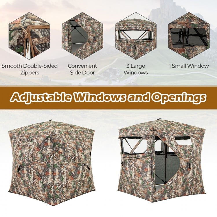 360° one-way see-through hunting blind with camouflage pattern, featuring 3 large windows and a convenient side door.