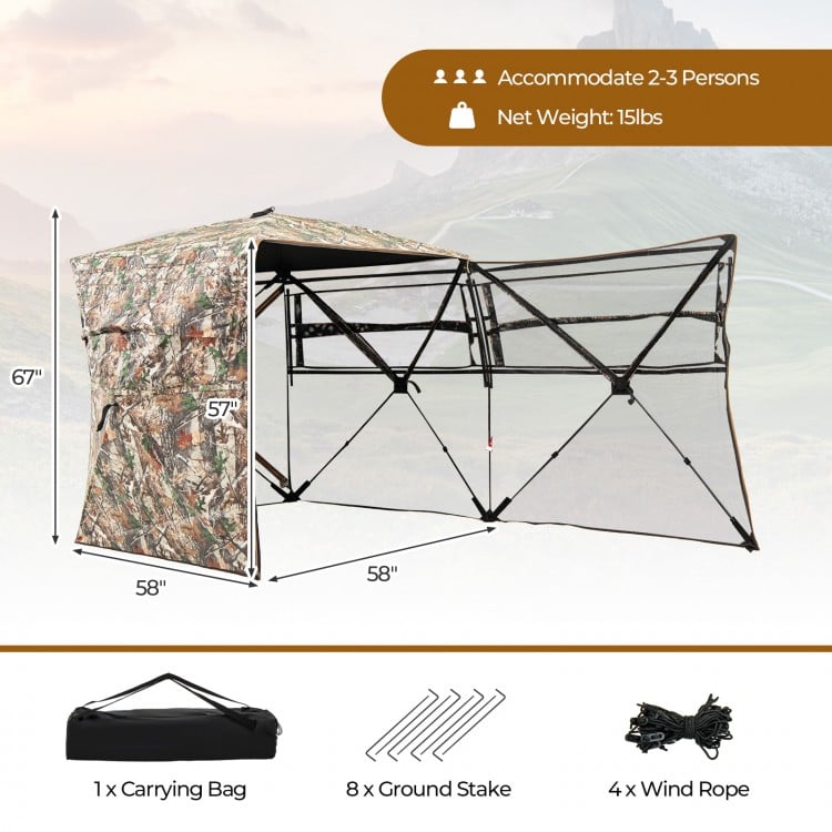 360° one-way see-through hunting blind with camouflage pattern, easy setup, includes carrying bag and stakes for.