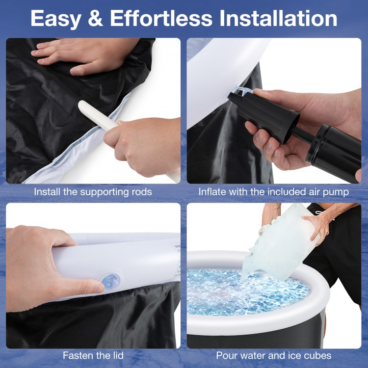 Easy installation steps for the 66 Gal Outdoor Ice Plunge Tub with Lid, featuring an air pump and supporting rods.