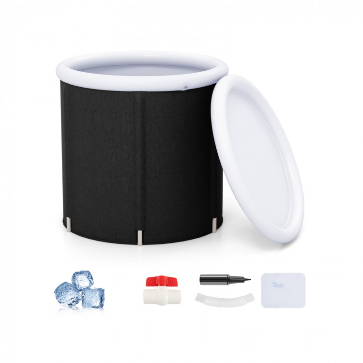 Outdoor ice plunge tub with lid, crafted from thick 6-layer material, includes inflatable ring and seat cushion for.