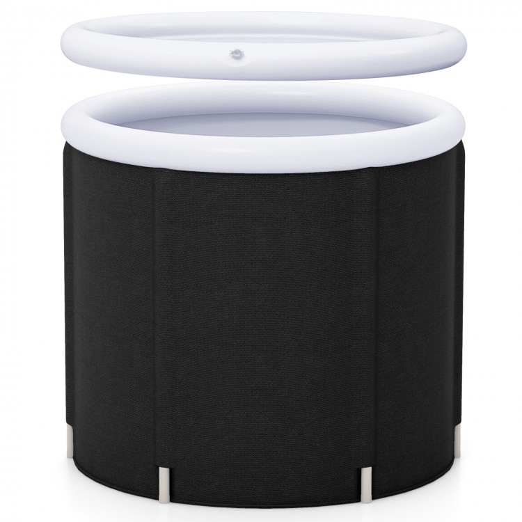 Outdoor ice plunge tub with lid, 66-gallon capacity, thick insulation, and inflatable ring for comfort and support.