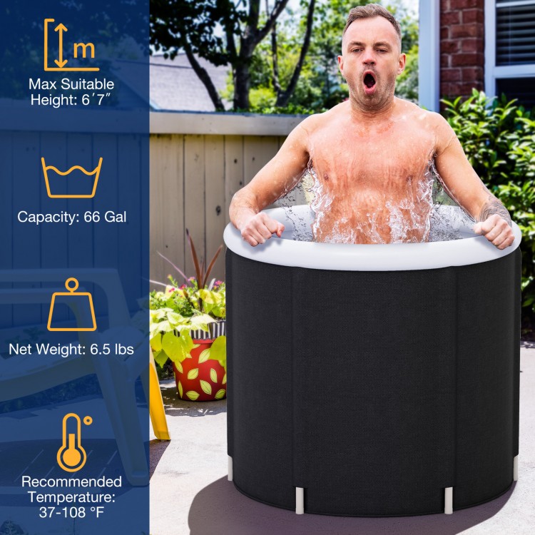 Outdoor 66 Gal ice plunge tub with lid, featuring thick insulation and supportive design for muscle recovery and.