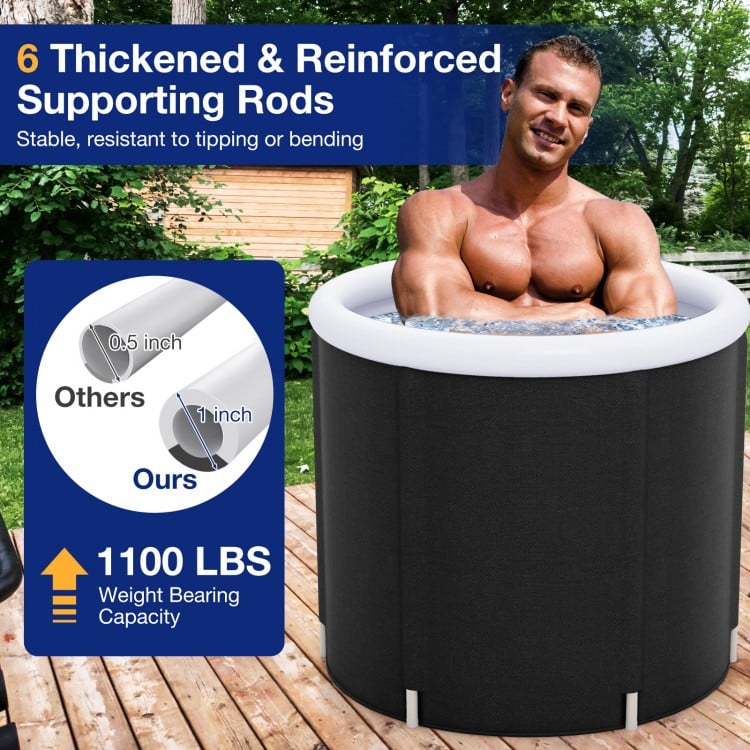 Outdoor ice plunge tub with lid, 66-gallon capacity, featuring 6 thickened supporting rods for enhanced stability.