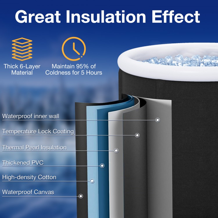 Close-up of the 66 Gal Outdoor Ice Plunge Tub showcasing its thick 6-layer material for superior insulation and.