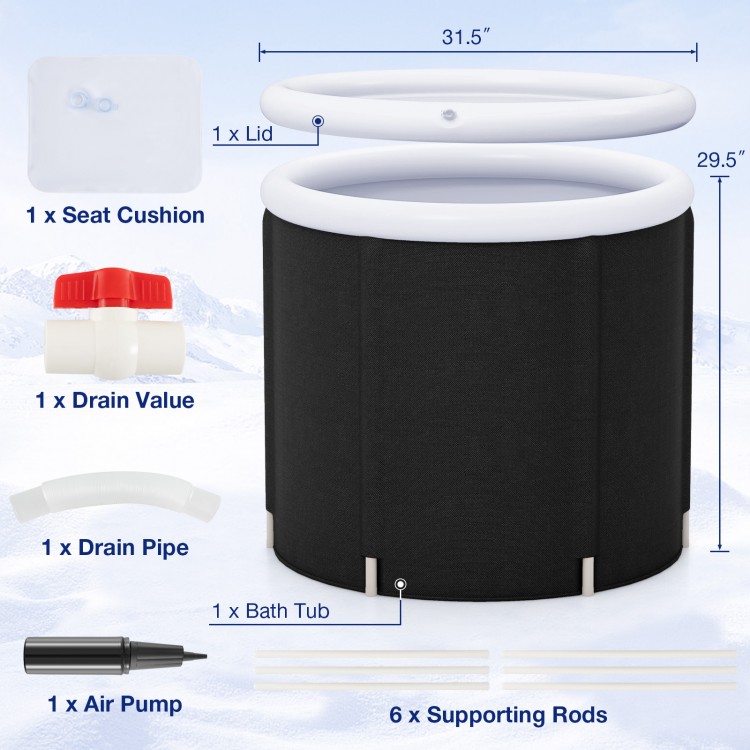 66 Gal outdoor ice plunge tub with lid, featuring thick insulation, supporting rods, and a comfortable seat cushion.