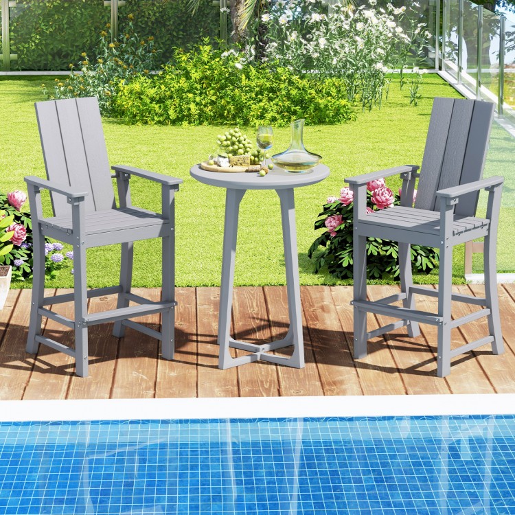 Tall gray Adirondack bar stool with ergonomic backrest, paired with a round table, perfect for outdoor relaxation.