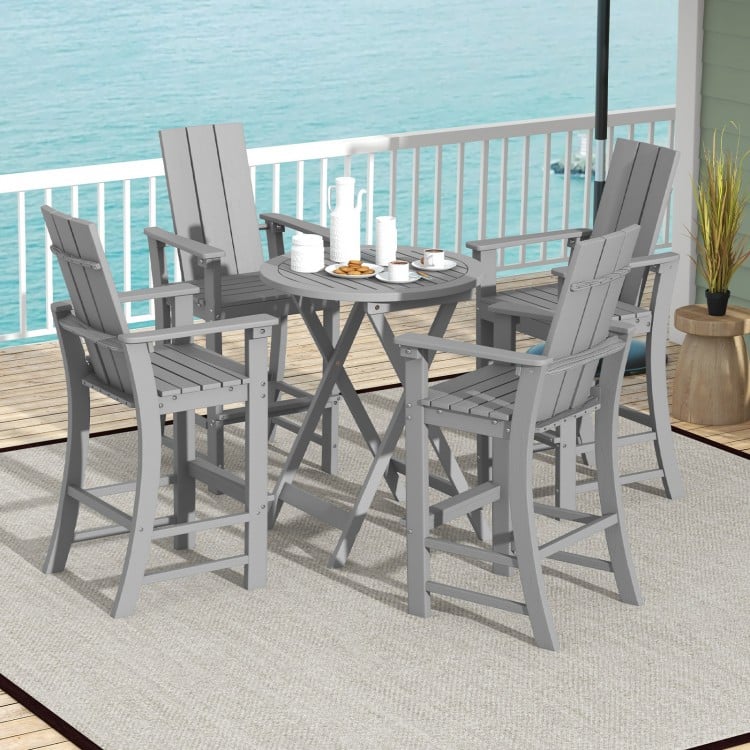 Tall gray Adirondack bar stool with ergonomic backrest and wide armrests, perfect for outdoor backyard seating.