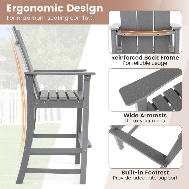 Tall gray Adirondack chair with ergonomic backrest, wide armrests, and built-in footrest for outdoor bar use.