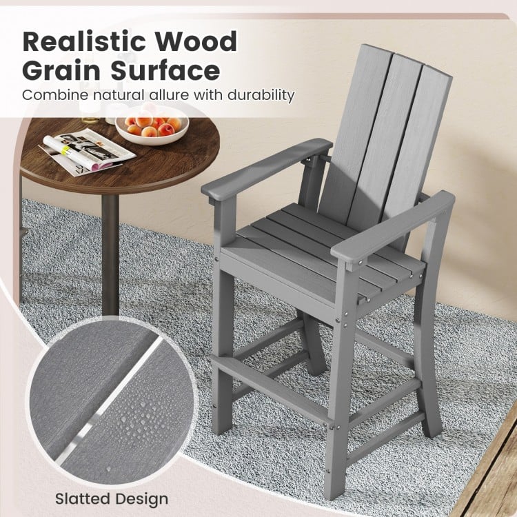 Tall gray Adirondack bar stool with ergonomic backrest and slatted design, perfect for outdoor relaxation.