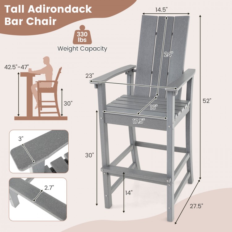 Tall Adirondack bar chair in gray with ergonomic backrest, wide armrests, and built-in footrest for outdoor comfort.