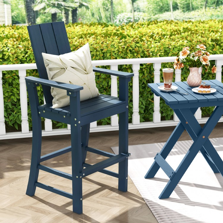 Tall blue Adirondack bar stool with ergonomic backrest, perfect for outdoor relaxation and matching bar tables.