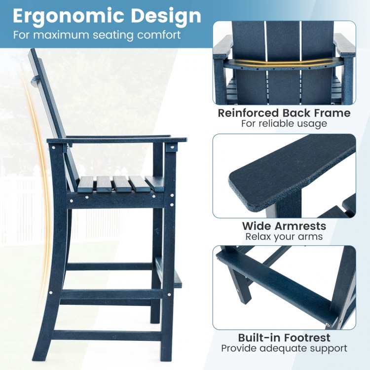 Tall Adirondack chair in blue with ergonomic backrest, wide armrests, and built-in footrest for outdoor bar use.