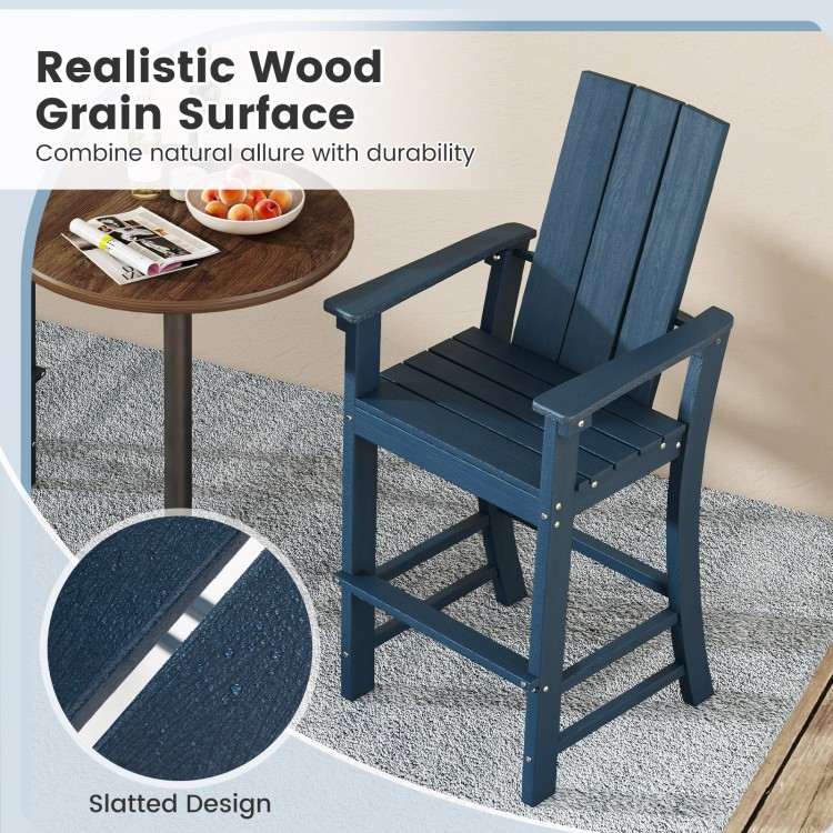 Tall blue Adirondack chair with ergonomic backrest, slatted design, and realistic wood grain for outdoor bar use.