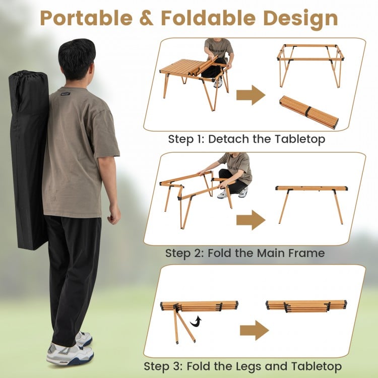 Folding camping table in brown with waterproof surface, portable bag, and step-by-step folding instructions for easy.