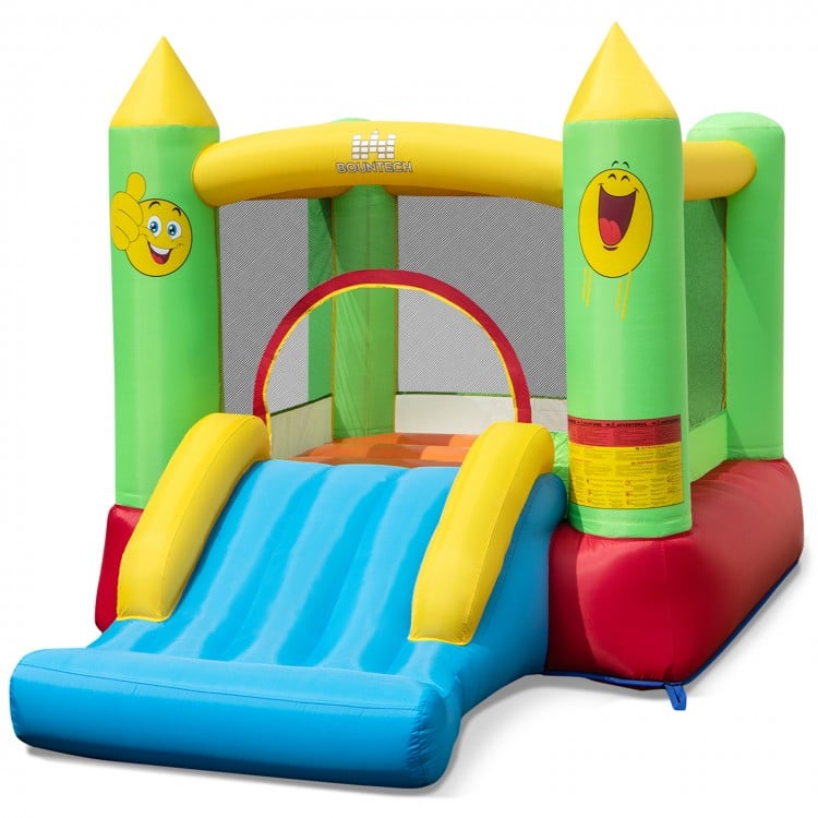 Inflatable bounce house featuring a wide slide and basketball hoop, ideal for children's outdoor play and entertainment.