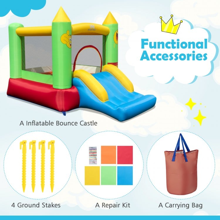 Inflatable bounce house with slide, made of durable 420D oxford cloth, perfect for outdoor fun and stability.