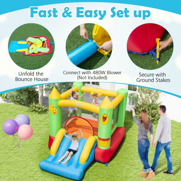 Inflatable bounce house with round climbing door and secure ground stakes, perfect for safe kids' outdoor play.