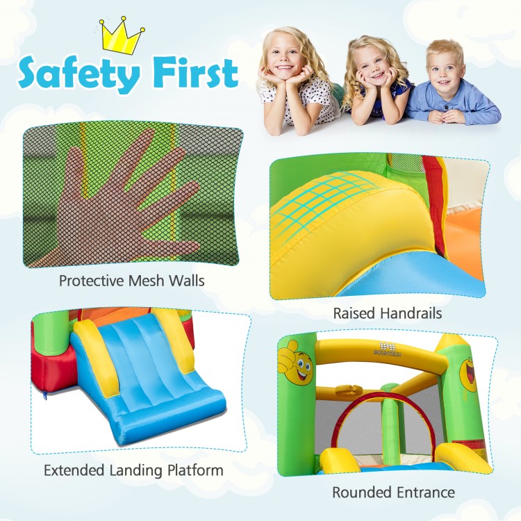 Inflatable bounce house with protective mesh walls, raised handrails, and extended landing platform for kids' safety.