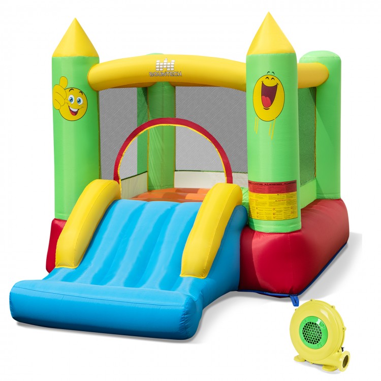 Smiley face inflatable bounce house with slide, made of durable 420D oxford cloth, perfect for outdoor fun.