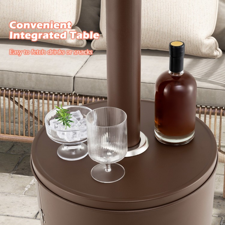 Round table design of the 50000 BTU propane patio heater in brown, featuring easy access for drinks and snacks.