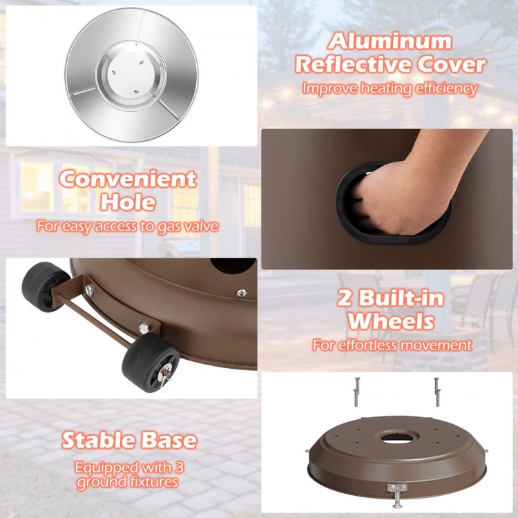 Brown propane patio heater with aluminum reflective cover, built-in wheels, and convenient access hole for easy use.