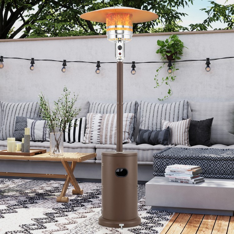 Brown 50000 BTU propane patio heater with round table design, providing 360° heat coverage for outdoor gatherings.