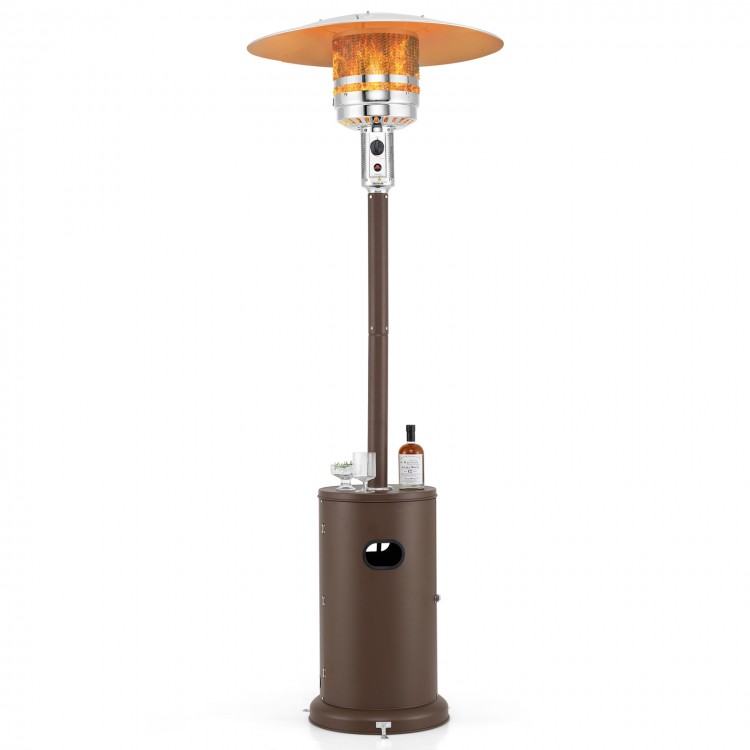 50000 BTU propane patio heater with round table design in brown, featuring adjustable temperature control and 360° heat.