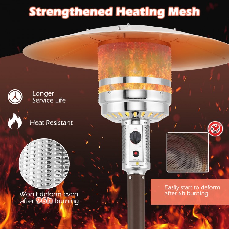 50000 BTU propane patio heater with round table design, featuring stainless steel burner and adjustable temperature.