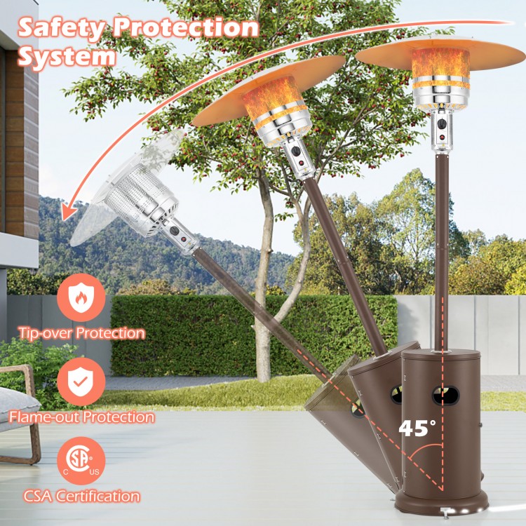 50000 BTU propane patio heater with round table design, brown finish, featuring tip-over and flame-out protection for.