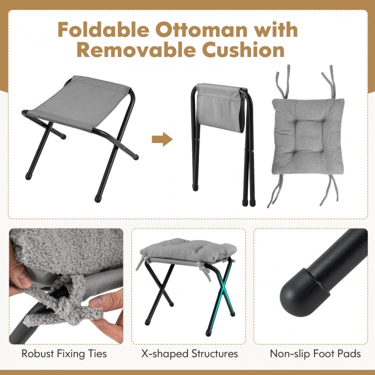 Foldable ottoman with removable cushion in gray, featuring anti-slip foot pads and robust fixing ties for versatile use.
