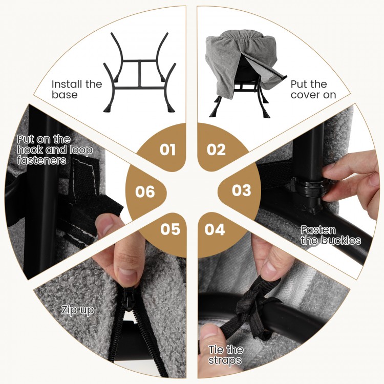 Step-by-step installation guide for the Modern Accent Chair with Folding Footrest and Head Pillow in Gray.