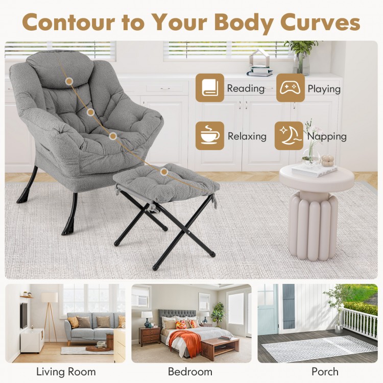 Modern gray accent chair with folding footrest and head pillow, ideal for relaxing in living rooms or bedrooms.