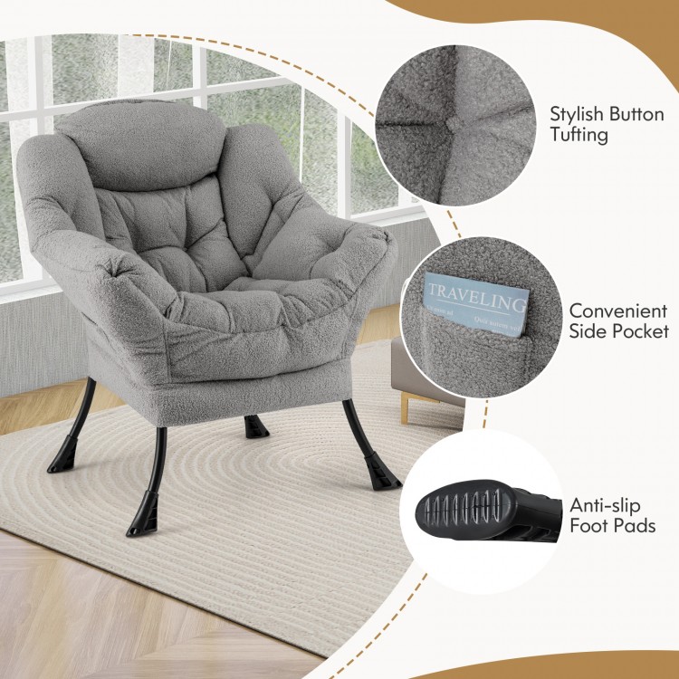 Modern accent chair in gray with stylish button tufting, ergonomic design, and convenient side pocket for versatile use.