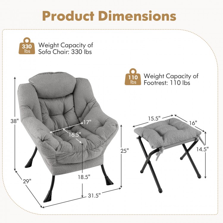 Modern accent chair with gray sherpa cover, ergonomic design, and folding footrest, ideal for living rooms and offices.