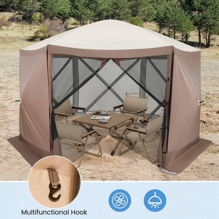 Pop-up gazebo tent with mesh netting walls, coffee color, featuring a zippered door and multifunctional hook for.
