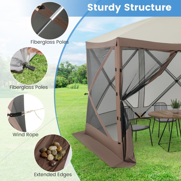 Pop-up gazebo with mesh netting walls, sturdy fiberglass poles, and extended edges for outdoor shade and ventilation.