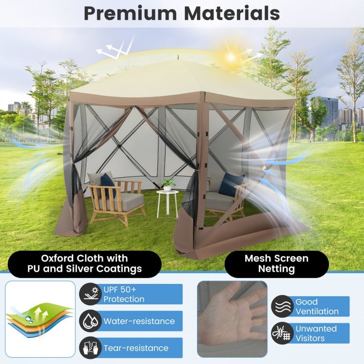 Pop-up gazebo tent with mesh netting walls, coffee color, 11.5 x 11.5 ft, offers sun-proof and tear-resistant.
