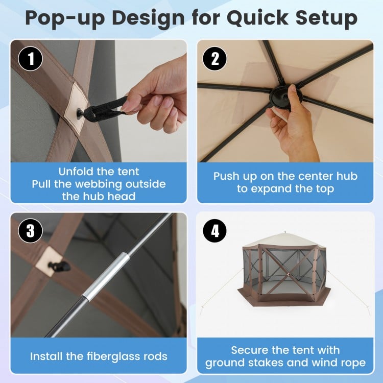 Pop-up gazebo tent with mesh netting walls, featuring an innovative design for quick setup and sun-proof oxford cloth.