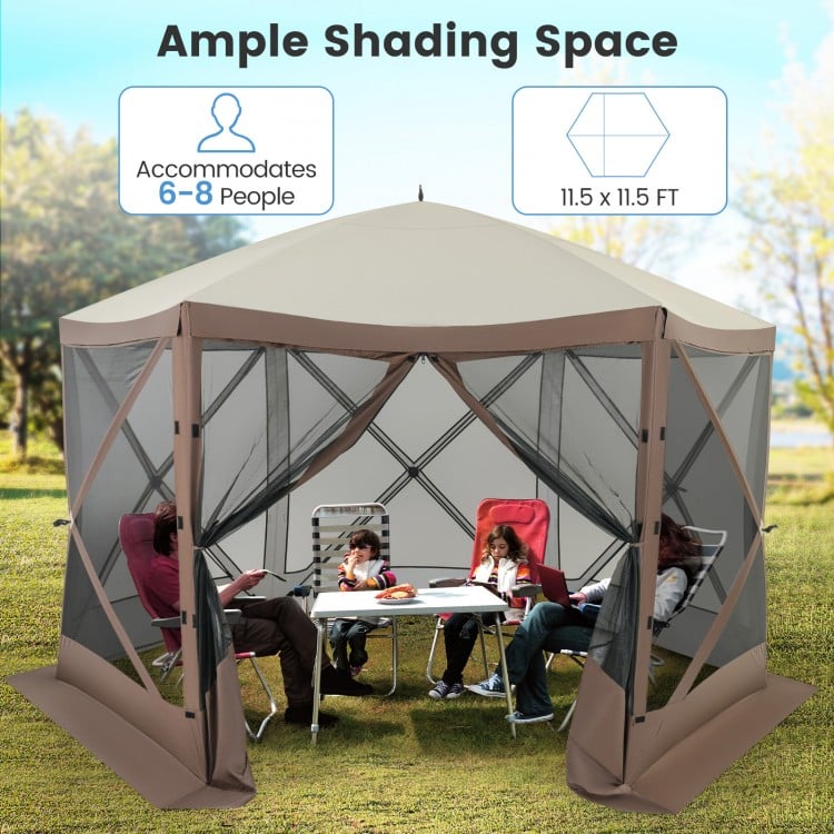 Pop-up gazebo tent with mesh netting, 11.5 x 11.5 ft, accommodates 6-8 people, ideal for outdoor gatherings.