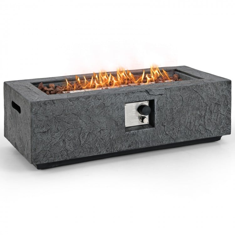 42.5-inch fire pit table with stainless steel burner, made of magnesium oxide, providing 50,000 BTU for outdoor warmth.
