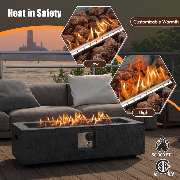 42.5 inch fire pit table set with stainless steel burner, offering customizable warmth and 50,000 BTU heat output.
