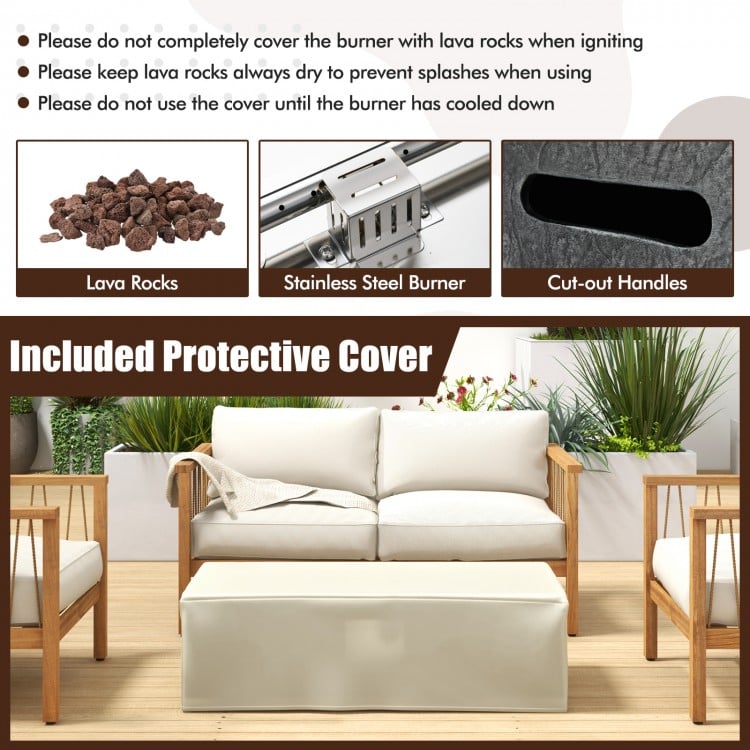 42.5-inch fire pit table set with stainless steel burner, featuring lava rocks and included protective cover for.