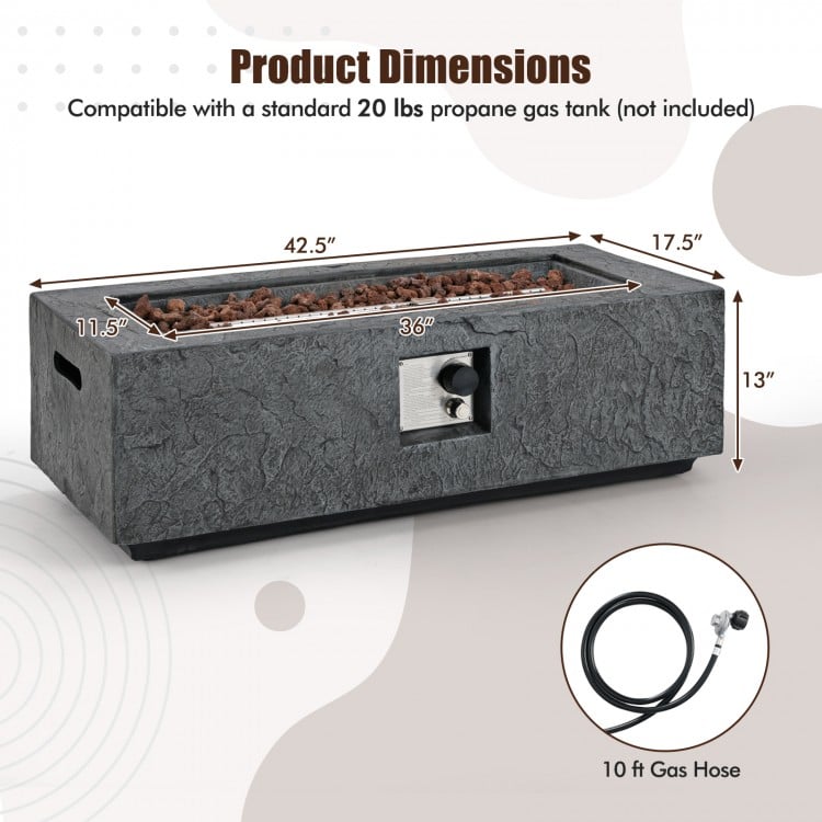 42.5-inch fire pit table with stainless steel burner, 50,000 BTU, featuring a durable magnesium oxide design.